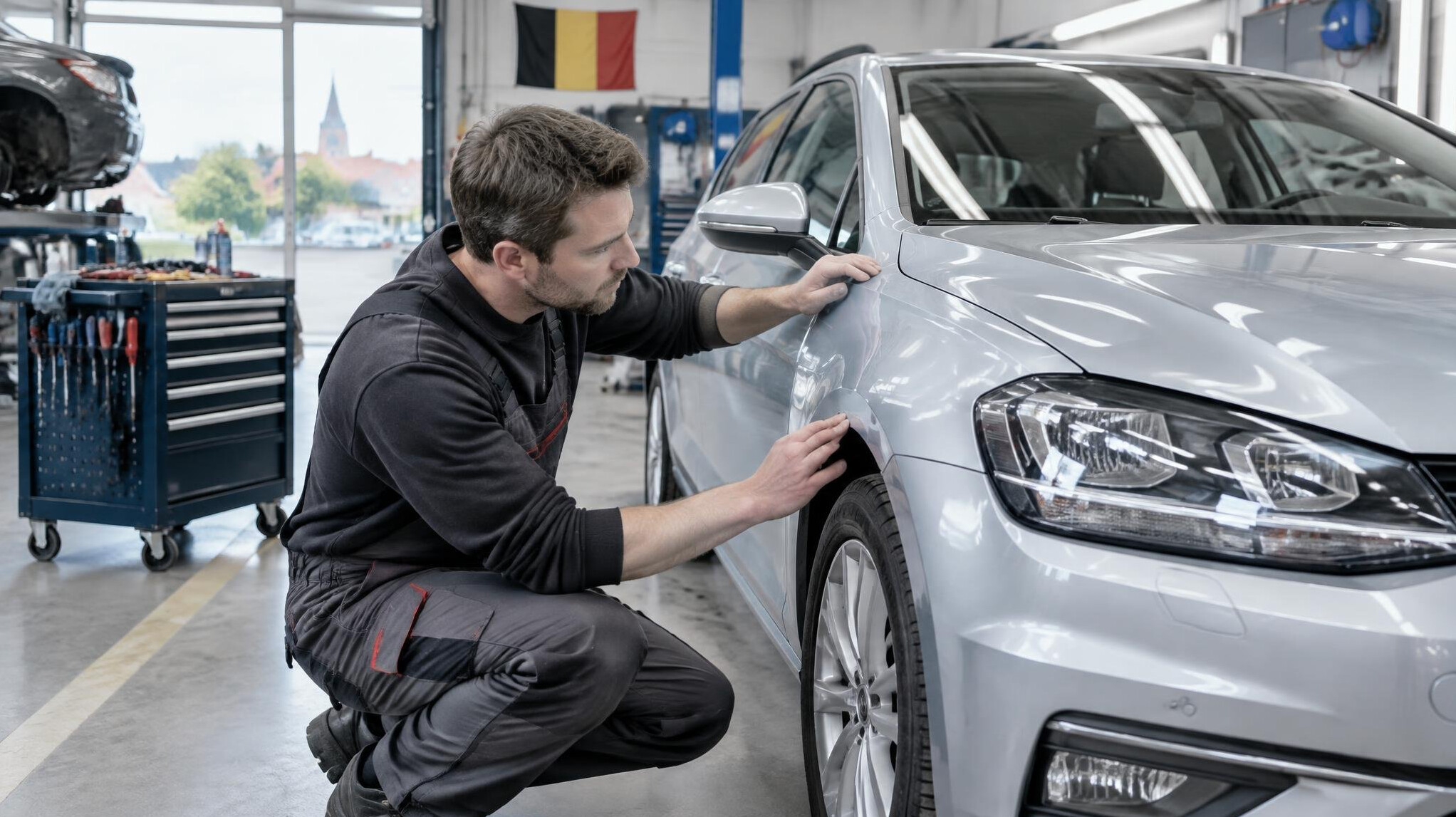 Mechanic inspecting the bodywork of a car in a repair workshop