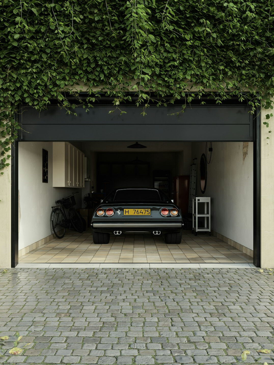 Auto body workshop with a car on a lift